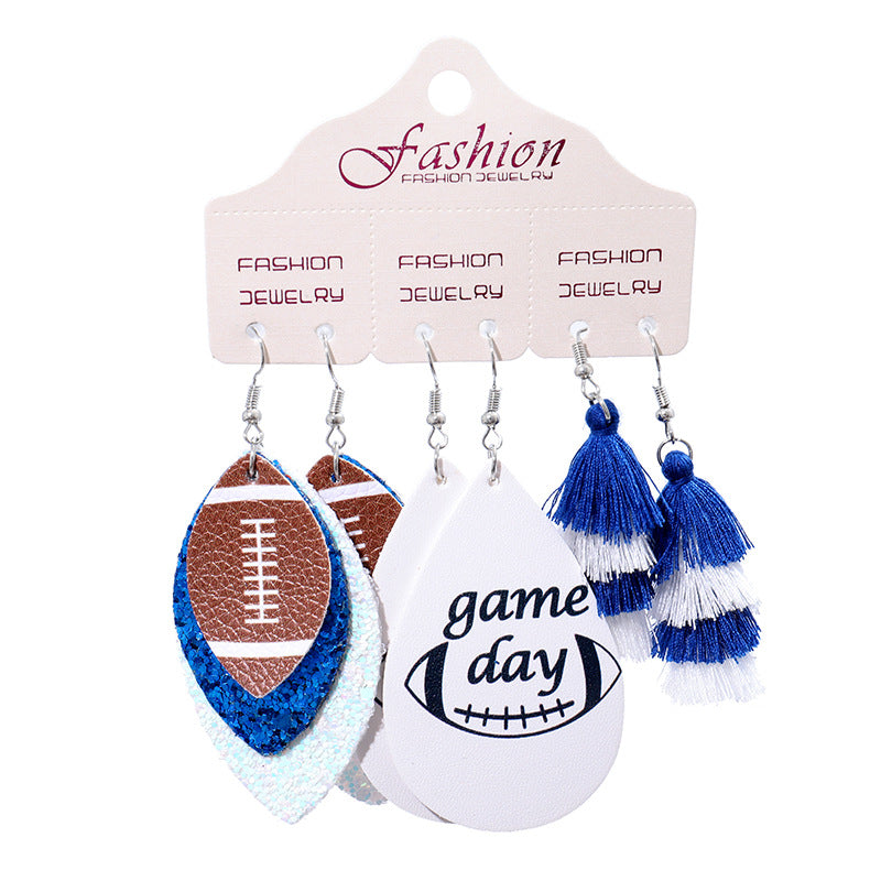 Wholesale 2 Sets Christmas Football Rugby Softball Multi-layer Teardrop Tassel Set PU Leather Earrings